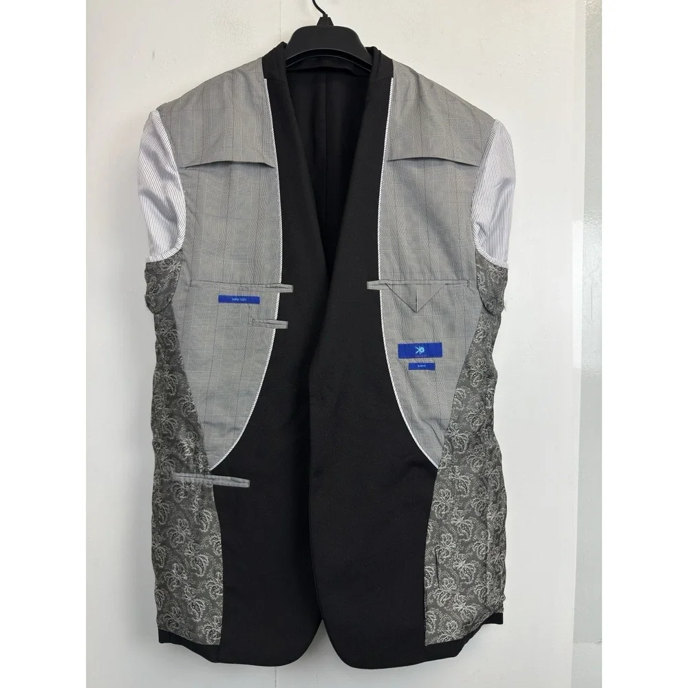 Egara Mens‎ 42L Black 100% Wool Blazer Slim Fit Classic Suit Jacket Sport Coat